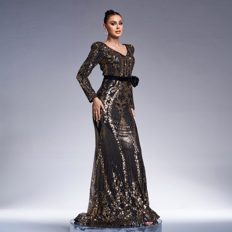High-End V-Neck Slim Fit Sequin Fishtail Evening Dress - Image 2