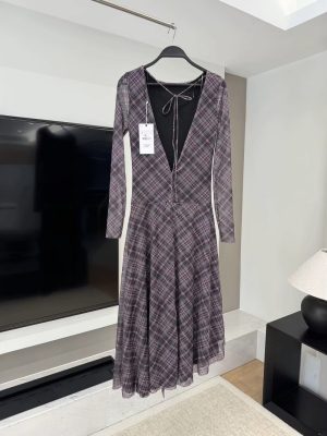 Plaid Pleated Silk Net Backless V-Neck Dress