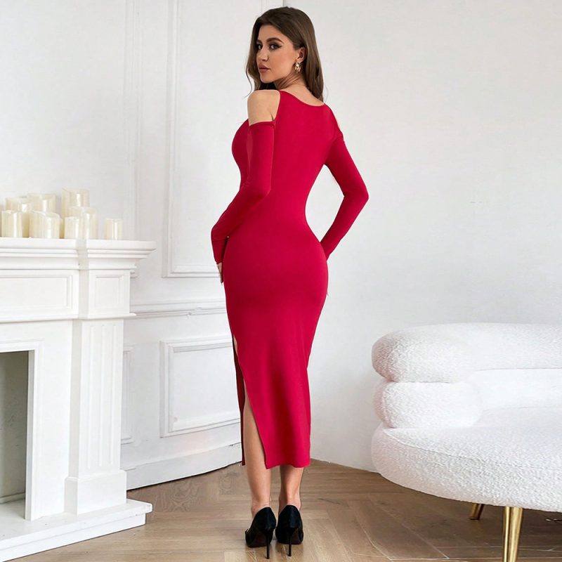 Knitted Shoulder Hollow Out Side Slit Dress - Image 2