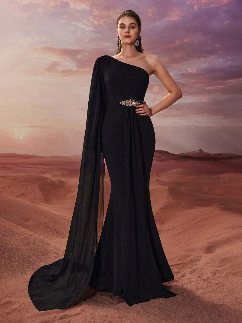 Elegant One-Shoulder Chiffon Applique Fishtail Dress - Image 3