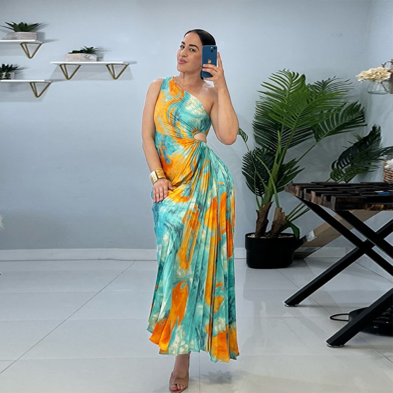 Artificial Silk Printed Diagonal Collar Pleated Dress - Image 3