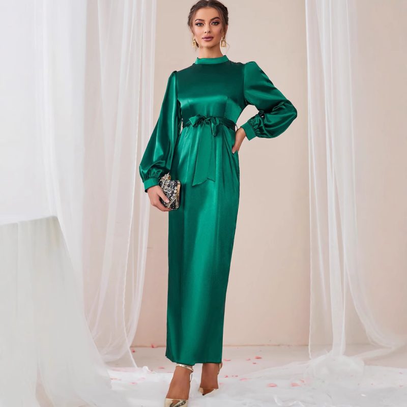 Elegant Satin High Waist Back Slit Dress