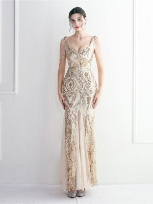 Elegant Beaded Sequin Mesh Slim Fit Evening Dress
