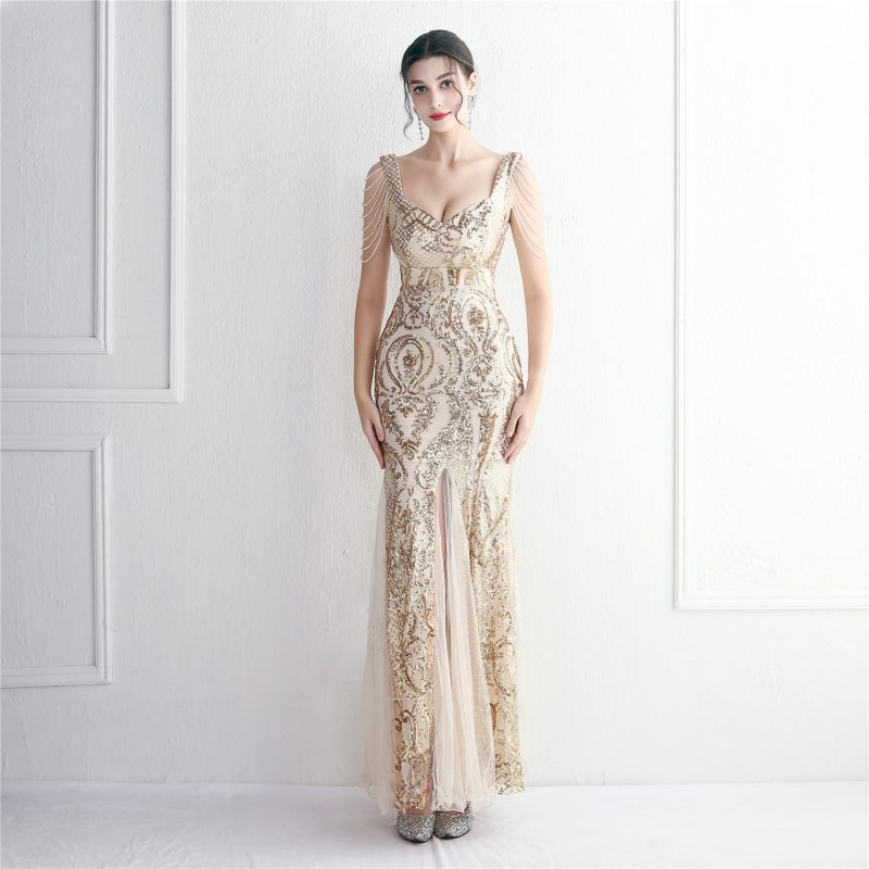 Elegant Beaded Sequin Mesh Slim Fit Evening Dress
