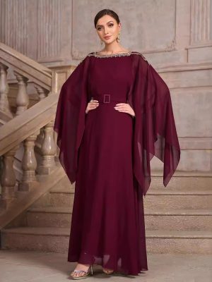 Elegant Chiffon Shawl Sleeve Belted Dress