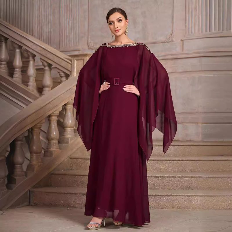 Elegant Chiffon Shawl Sleeve Belted Dress