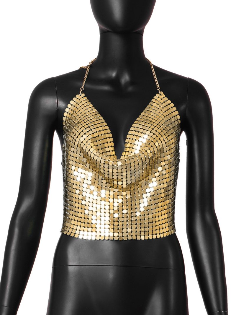 Backless Sequin Chain Strap Deep V Tank - Image 3