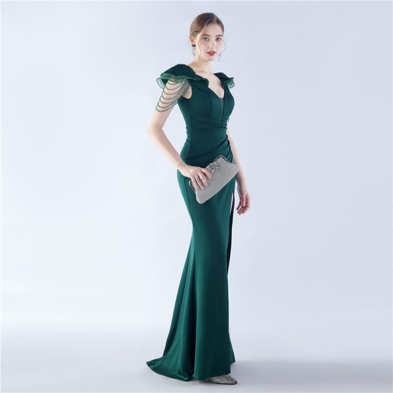 High-End Beaded Organza Satin Winter Evening Dress - Image 2