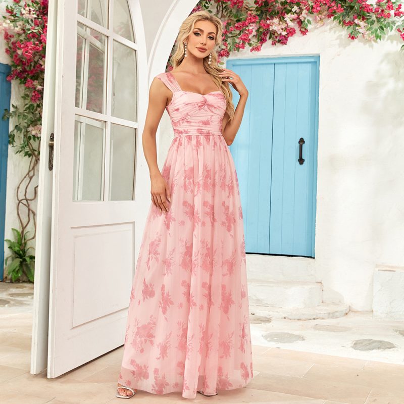 Floral Pleated Double U-Neck Sling Party Evening Dress - Image 3