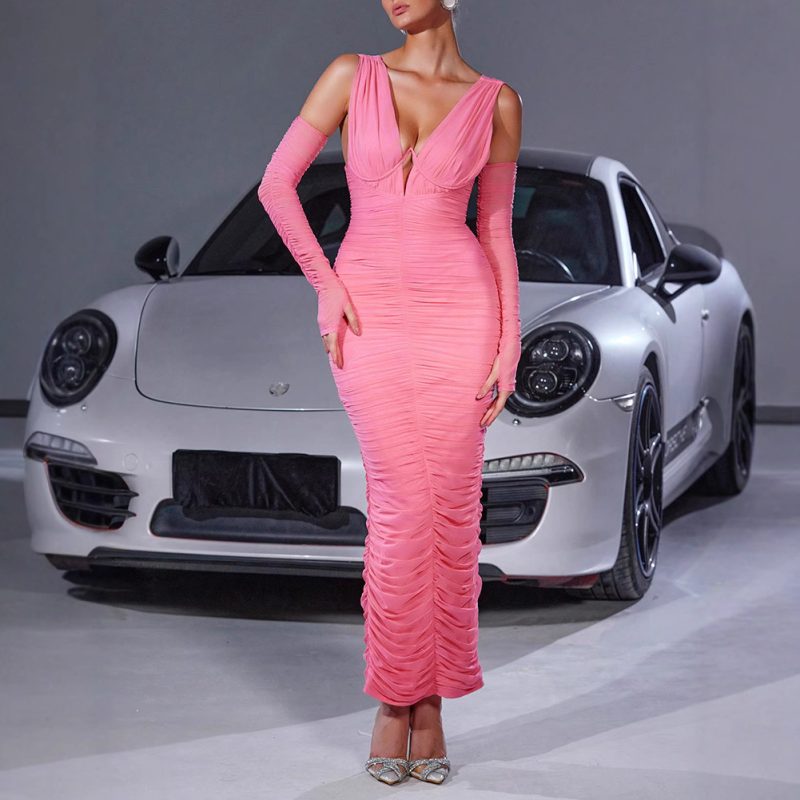 Elegant Pleated Milk Silk Side Slit Dress