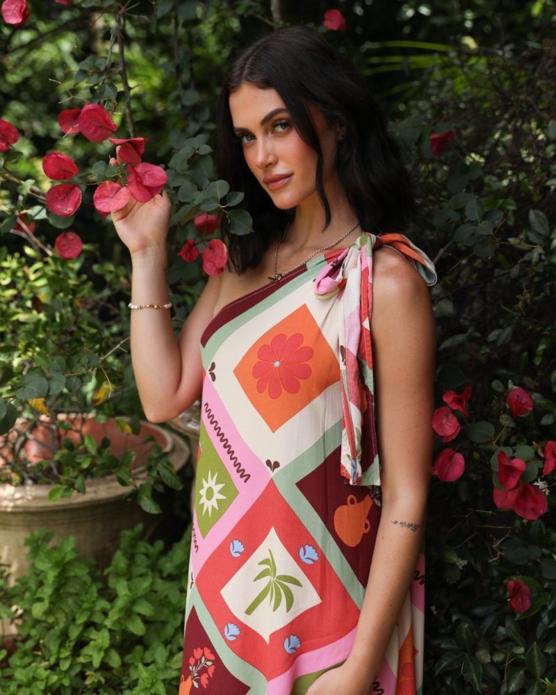 Elegant Printed Lace-Up One-Shoulder Maxi Dress - Image 4