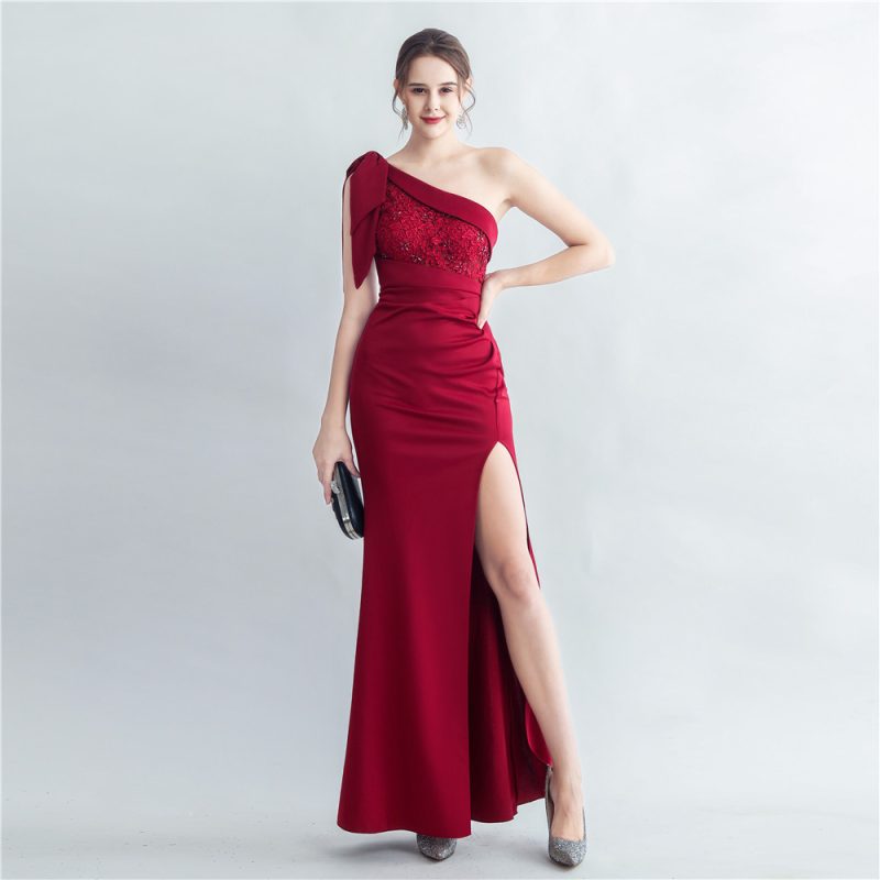 High-End Beaded Lace One-Shoulder Side Slit Evening Dress - Image 4