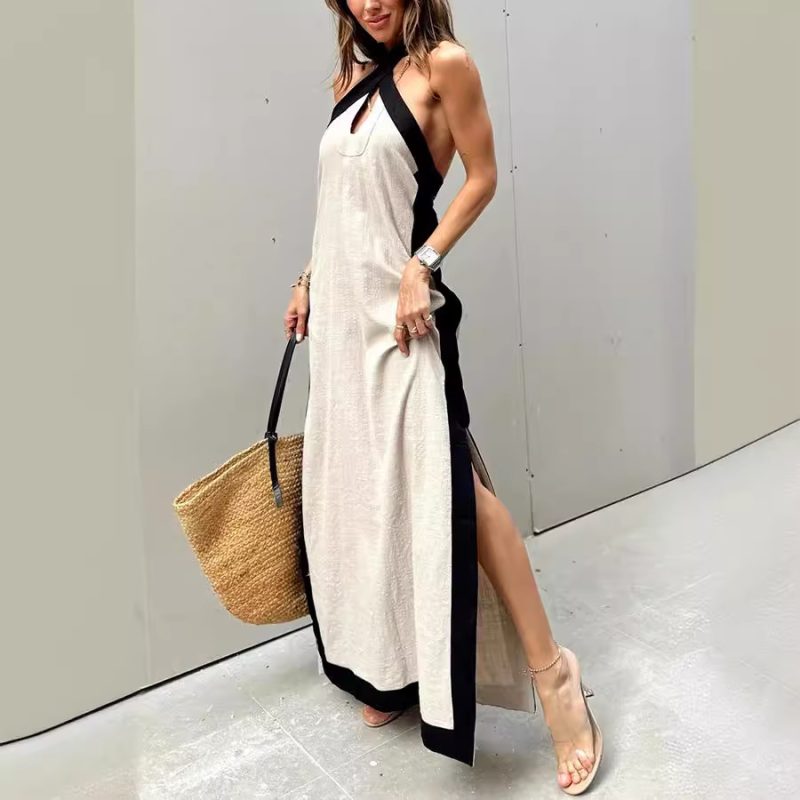 Backless Cotton Linen Halter Split Summer Dress - Image 2