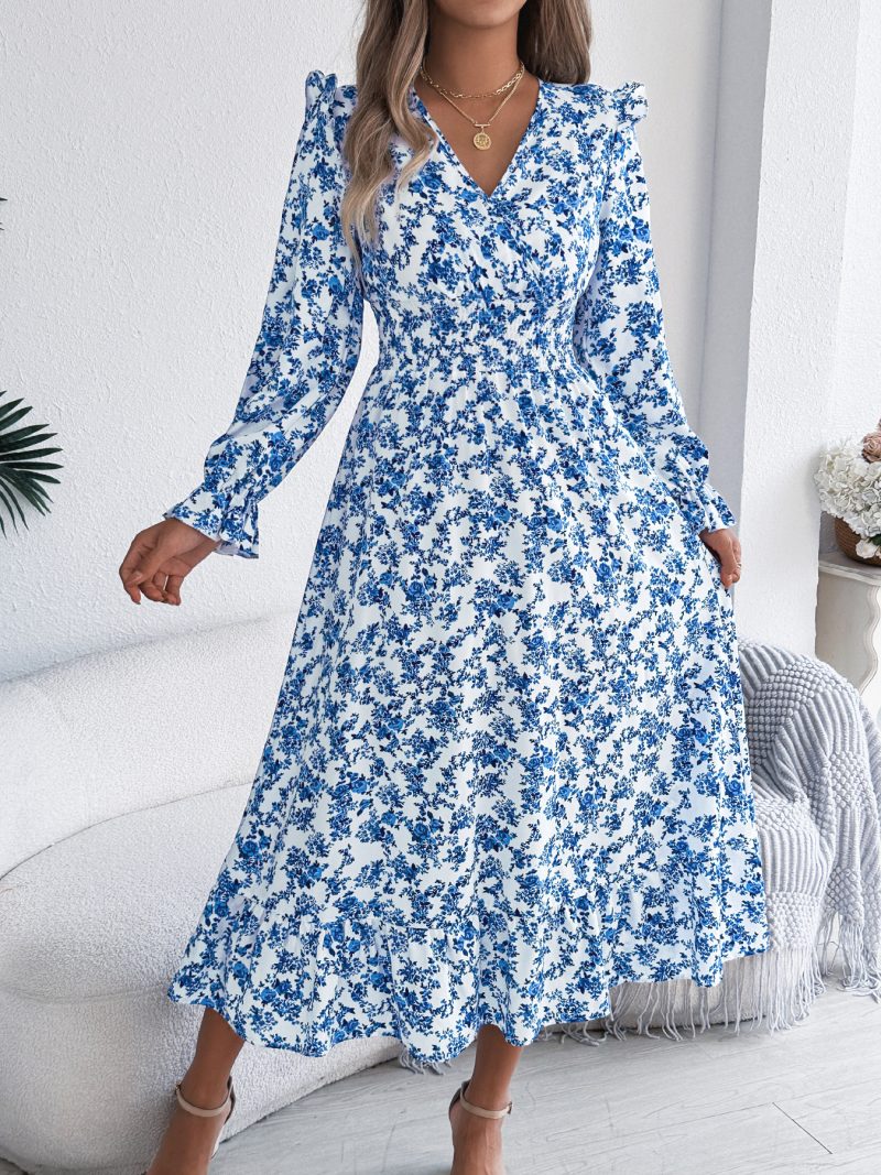Elegant Floral Cross V-Neck Ruffle Maxi Dress - Image 2