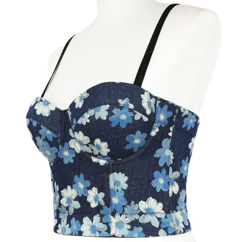 Backless Lace-Up Denim Print Tube Top