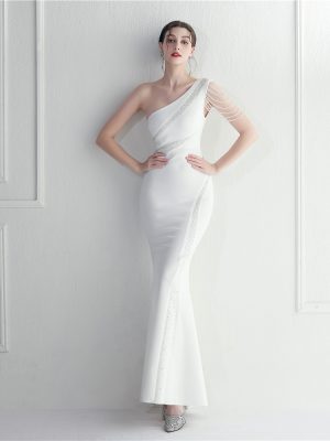 Handmade Beaded One-Shoulder Rhinestone Evening Dress