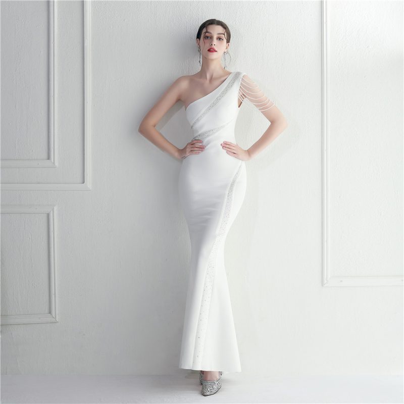 Handmade Beaded One-Shoulder Rhinestone Evening Dress