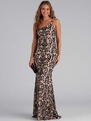 Elegant Diagonal Collar Sequined Cocktail Maxi Dress