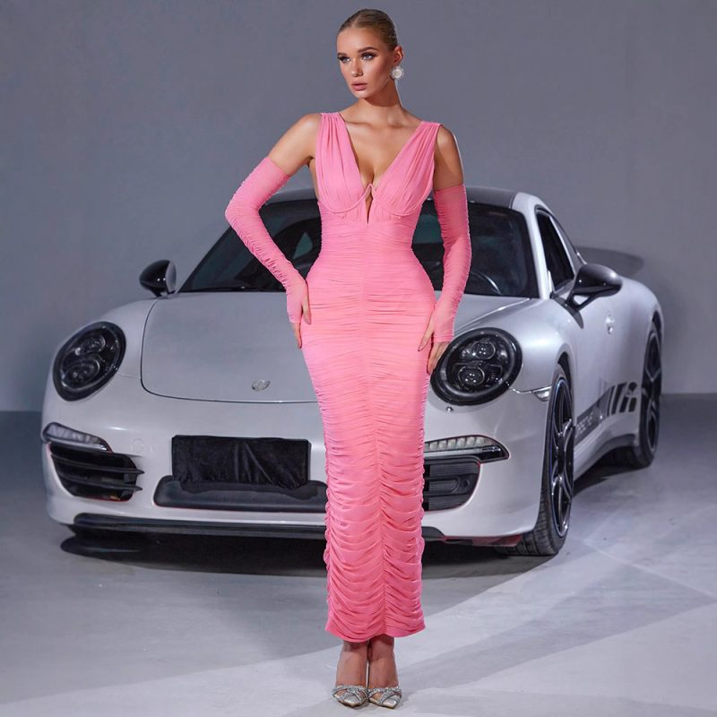 Elegant Pleated Milk Silk Side Slit Dress - Image 2