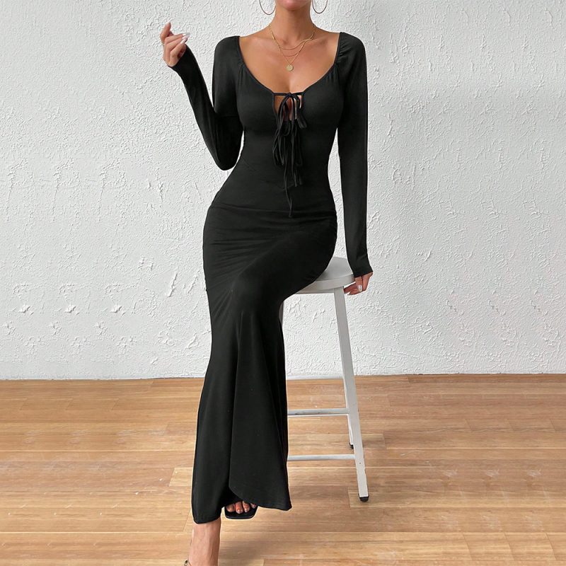 Elegant Lace-Up U-Neck Slim Long Sleeve Maxi Dress