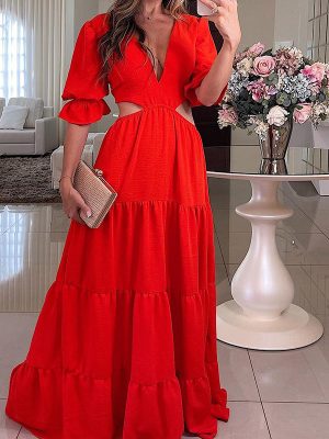 Special V-Neck Mid-Length Party Dress