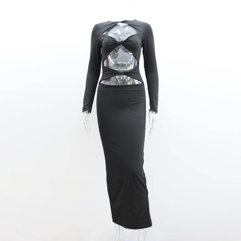Hollow Out Blue Autumn Winter Maxi Dress - Image 4