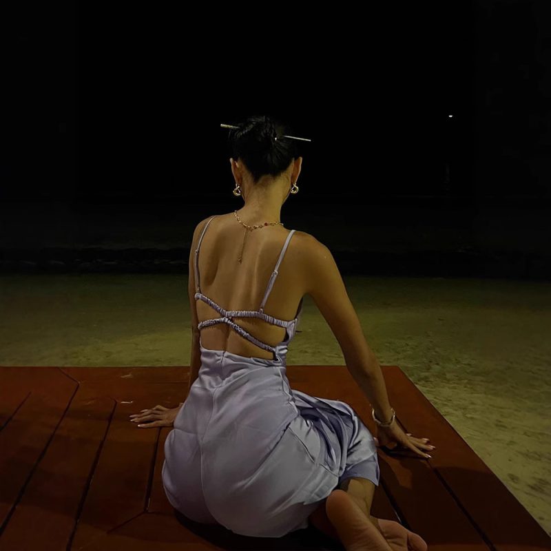 Pearlescent Satin Slim Fit Backless Sling Dress - Image 3