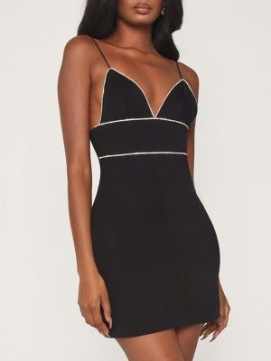 Sexy Slim Strap Dress with Diamond Trim