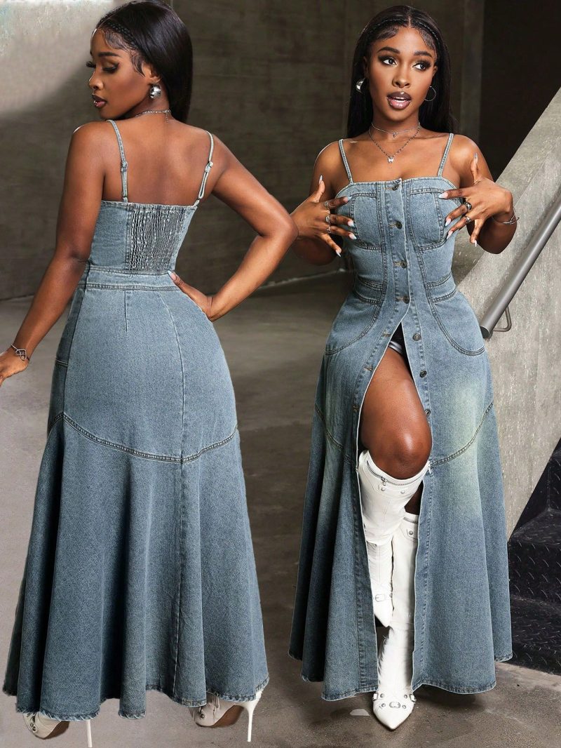 Trendy Mid-Length Button-Up Denim Sling Dress - Image 4