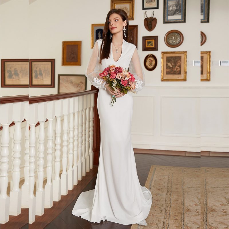 Elegant Solid Color V-Neck Long Sleeve Cocktail Dress - Image 2