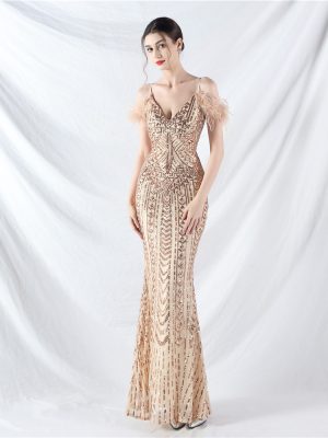High-End Floral Sequin Ostrich Hair Evening Dress