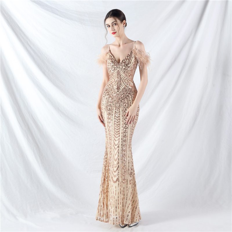High-End Floral Sequin Ostrich Hair Evening Dress