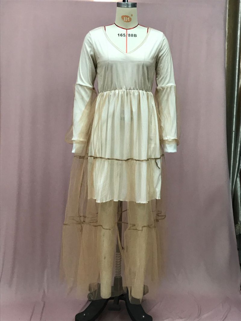 V-Neck Puff Sleeve Mesh Maxi Dress - Image 2