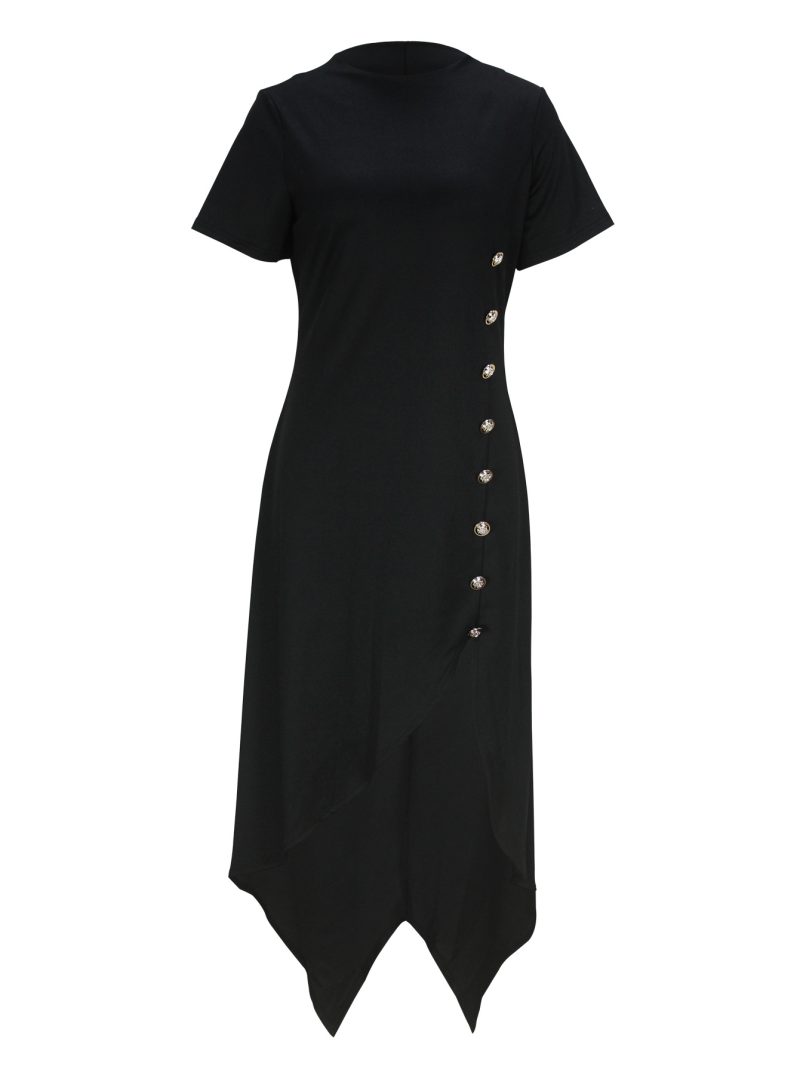 Elegant Asymmetric Hem Dress with Side Fastener - Image 2