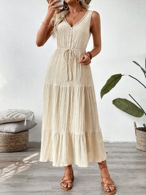 Simple Strap Sleeveless V-Neck Solid Summer Dress