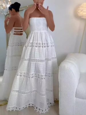 White Embroidered Floral Tube Top Vacation Dress