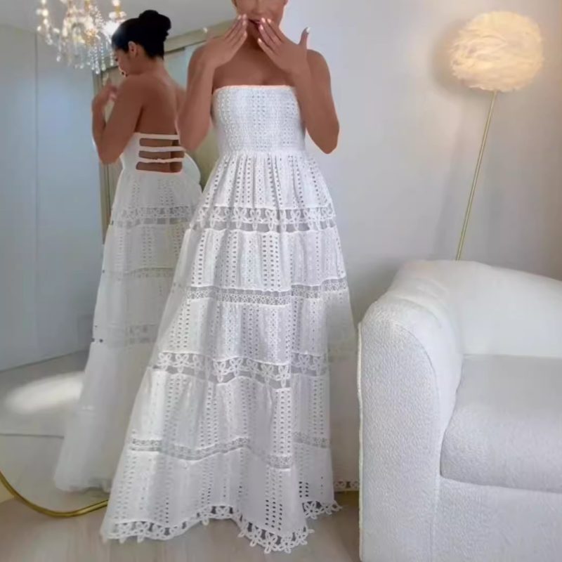 White Embroidered Floral Tube Top Vacation Dress