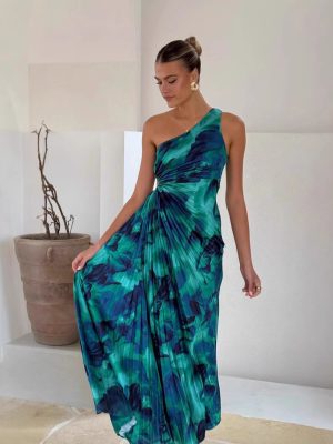 Sexy One-Shoulder Sleeveless Pleated Printed Dress
