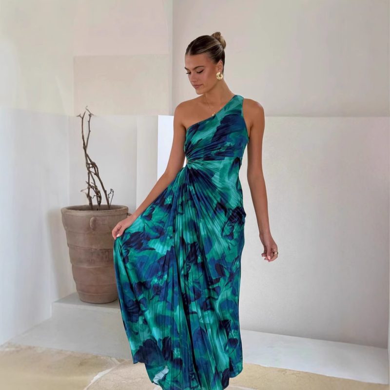 Sexy One-Shoulder Sleeveless Pleated Printed Dress