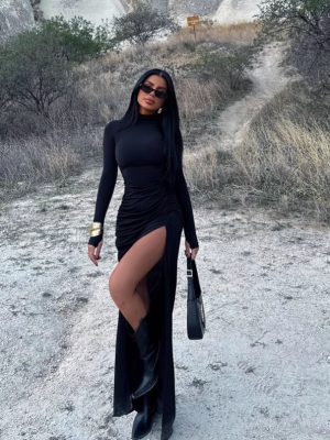 Stand Collar Long Sleeve Pleated Slit Dress