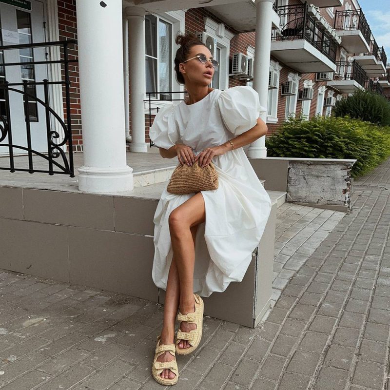 Cotton Round Neck Puff Sleeve Casual Dress - Image 4