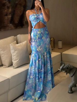 Spring Summer Halterneck Printed Pleated Dress
