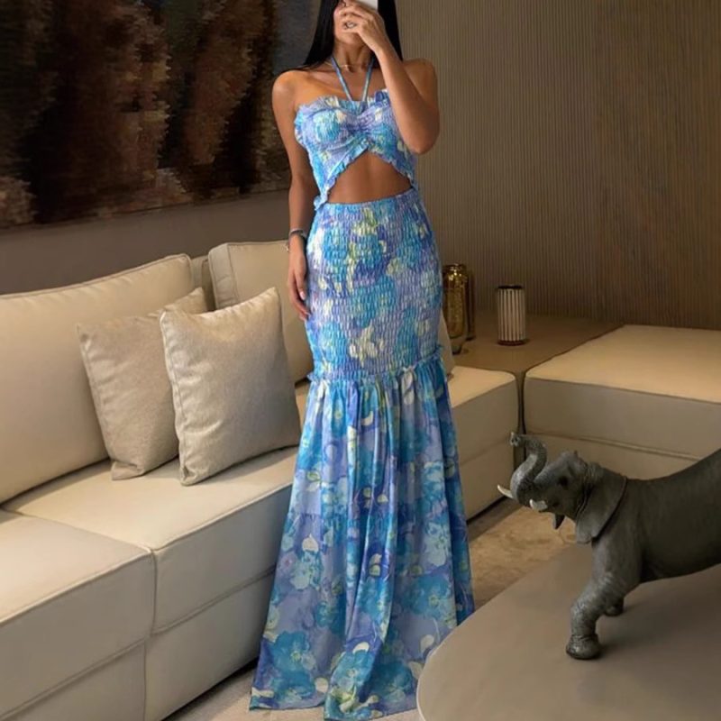 Spring Summer Halterneck Printed Pleated Dress