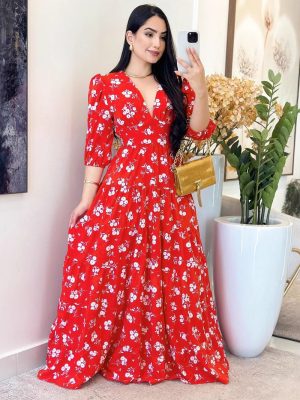 Floral Printed V-Neck Loose Maxi Dress