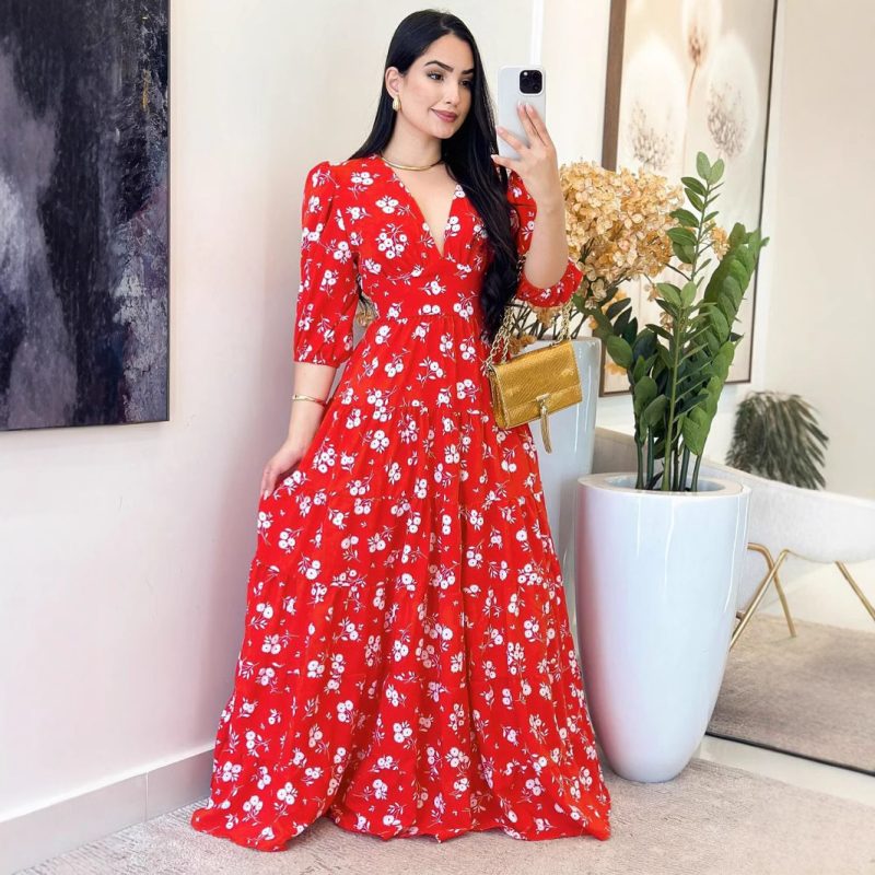 Floral Printed V-Neck Loose Maxi Dress