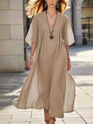 Simple Solid Color V-Neck Casual Dress