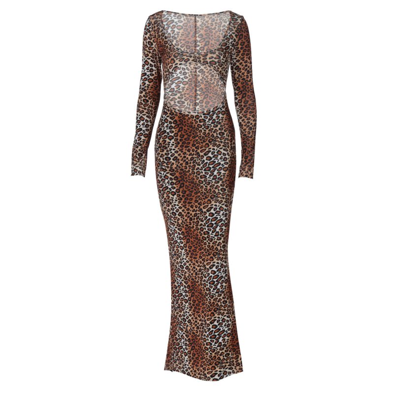Leopard Print Suede Cutout Slim Winter Dress - Image 4