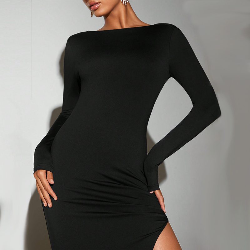 Autumn Winter Round Neck Bare Back Mid Dress - Image 4