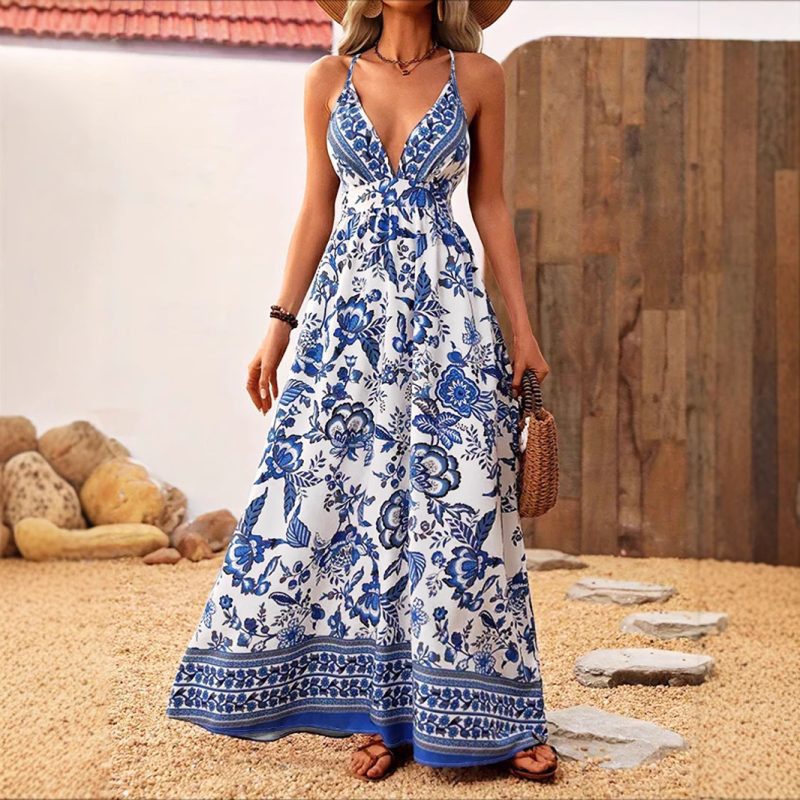 Elegant Deep V-Neck Back Cross Printed Dress