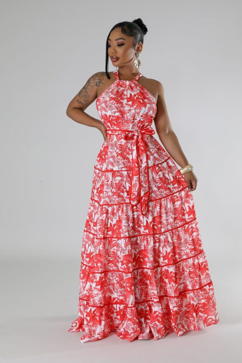 Floral Halter Strapless Lace-Up Waist Dress - Image 3